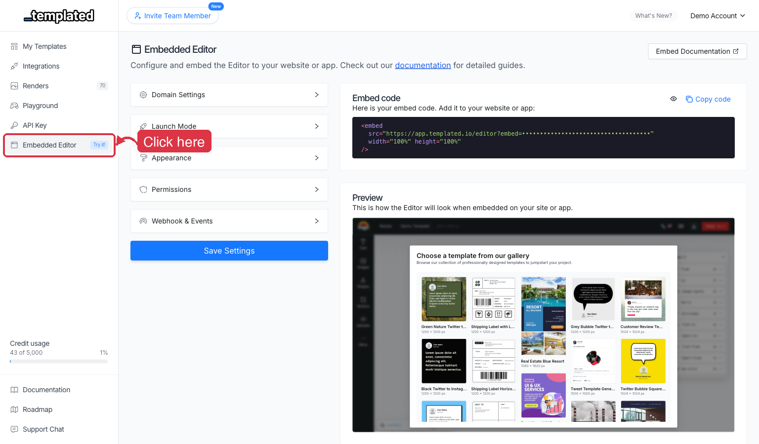 Click on Embedded Editor in the sidebar